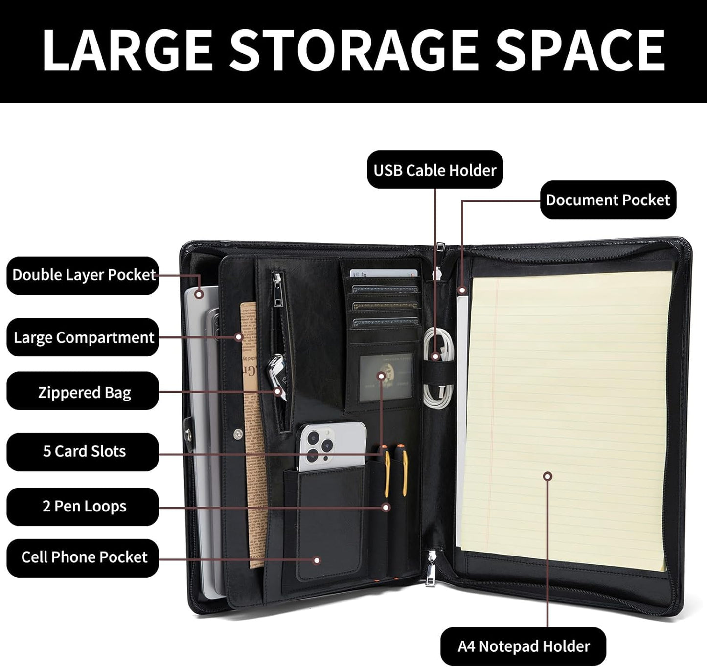 Personalized Vegan Leather Portfolio, Legal Size 8.5 x 14 Pad Holder, Custom Business Padfolio for Men Women, Zippered Laptop Organizer, Professional Notepad Folio, Black