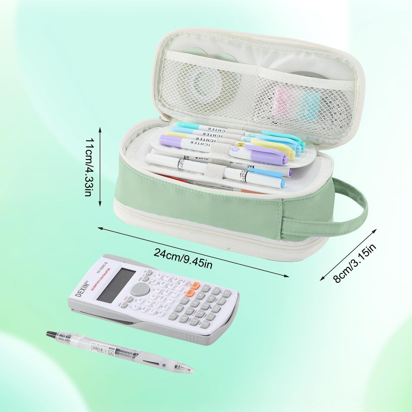 Pencil Case Large Zipper Pencil Pouch for Girls Kids Teens Adults Aesthetic Pencil Bag Stationery Organizer Pen Pencil Case with Handle for School Green