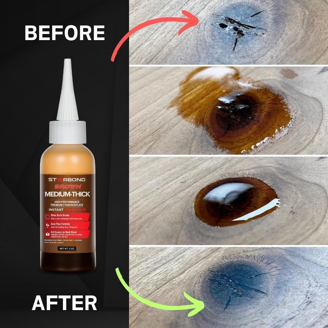 STARBOND 2 oz. Dark Brown Medium-Thick CA Glue (Premium Cyanoacrylate Super Glue) Knot Filler 500 CPS Viscosity for Woodworking, Woodturning, Carpentry, Guitar, RC Hobby