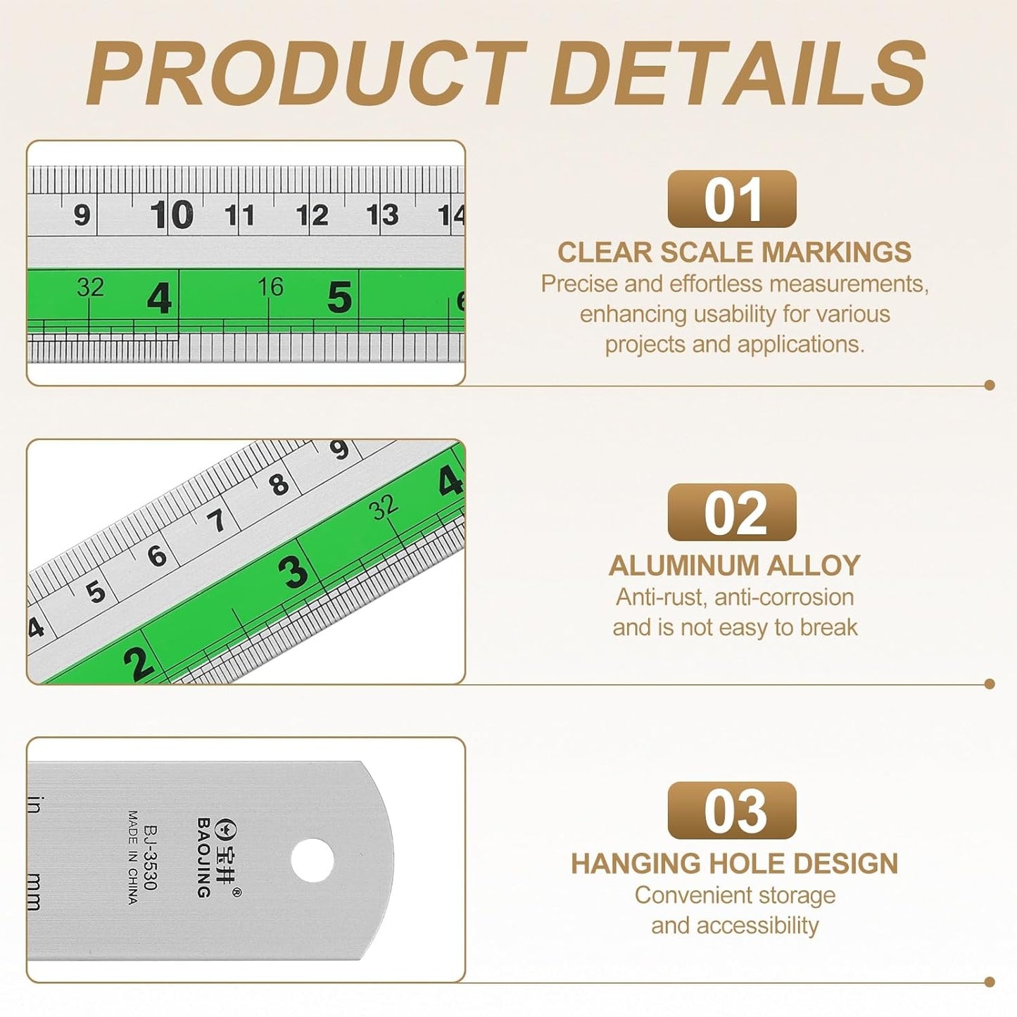 HARFINGTON 4pcs Metal Straight Ruler 20cm Metric SAE Aluminum Alloy Measuring Rulers Scale Tool with Hole for Measure Study Reading Classroom Office, Green