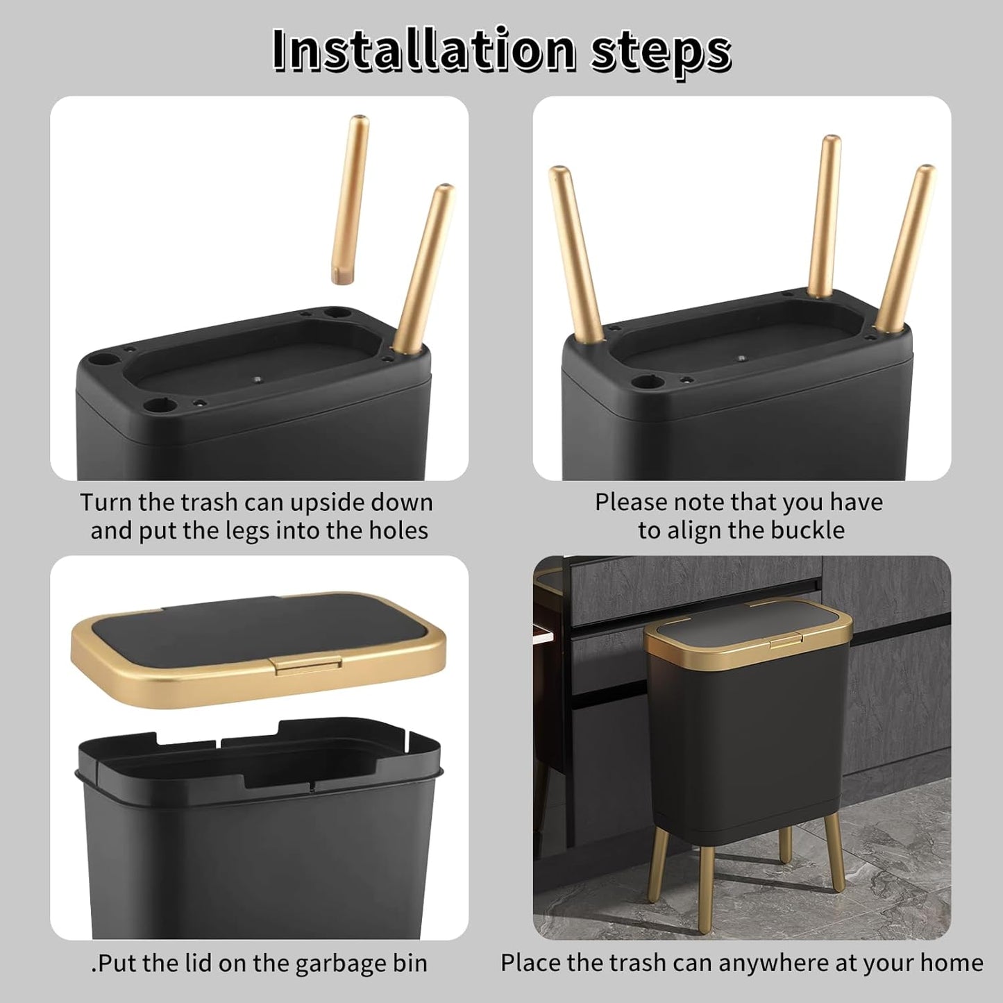 Procade 2Pack Trash Can with Lid, Modern Bedroom Garbage Can with Gold Edge, Slim Kitchen Garbage Bin，4 Gallon Trash Bin Plastic Waste can for Office, Living Room,Toilet,Bathroom (Black+White)