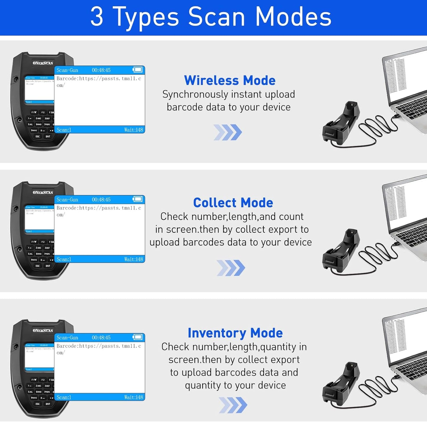 1D 2D Wireless Barcode Scanner, Onewscan Portable Inventory Scanner with Charging Base Data Collector Barcode Reader Data Terminal 2.4G Wireless & USB Connection Bar Code Scanners with 2" LCD Screen
