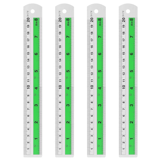 HARFINGTON 4pcs Metal Straight Ruler 20cm Metric SAE Aluminum Alloy Measuring Rulers Scale Tool with Hole for Measure Study Reading Classroom Office, Green