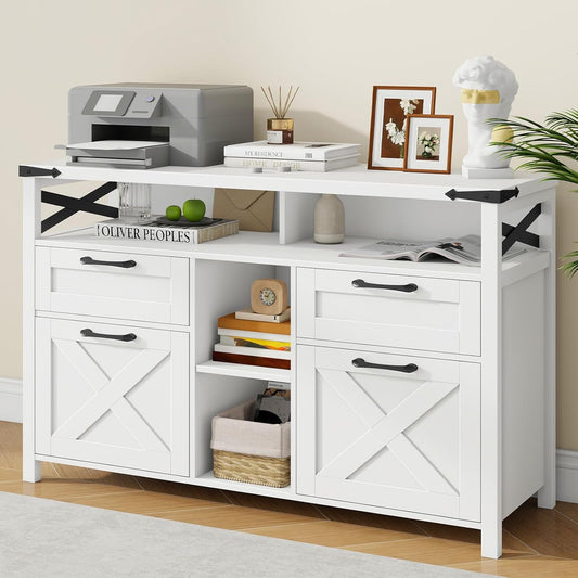 Farmhouse Filing Cabinet with Adjustable Shelf for Home Office, Lateral File Cabinets 4 Drawers with Open Storage Shelf, Filing Organization Storage Cabinets for Hanging Files Letter/A4.(White)