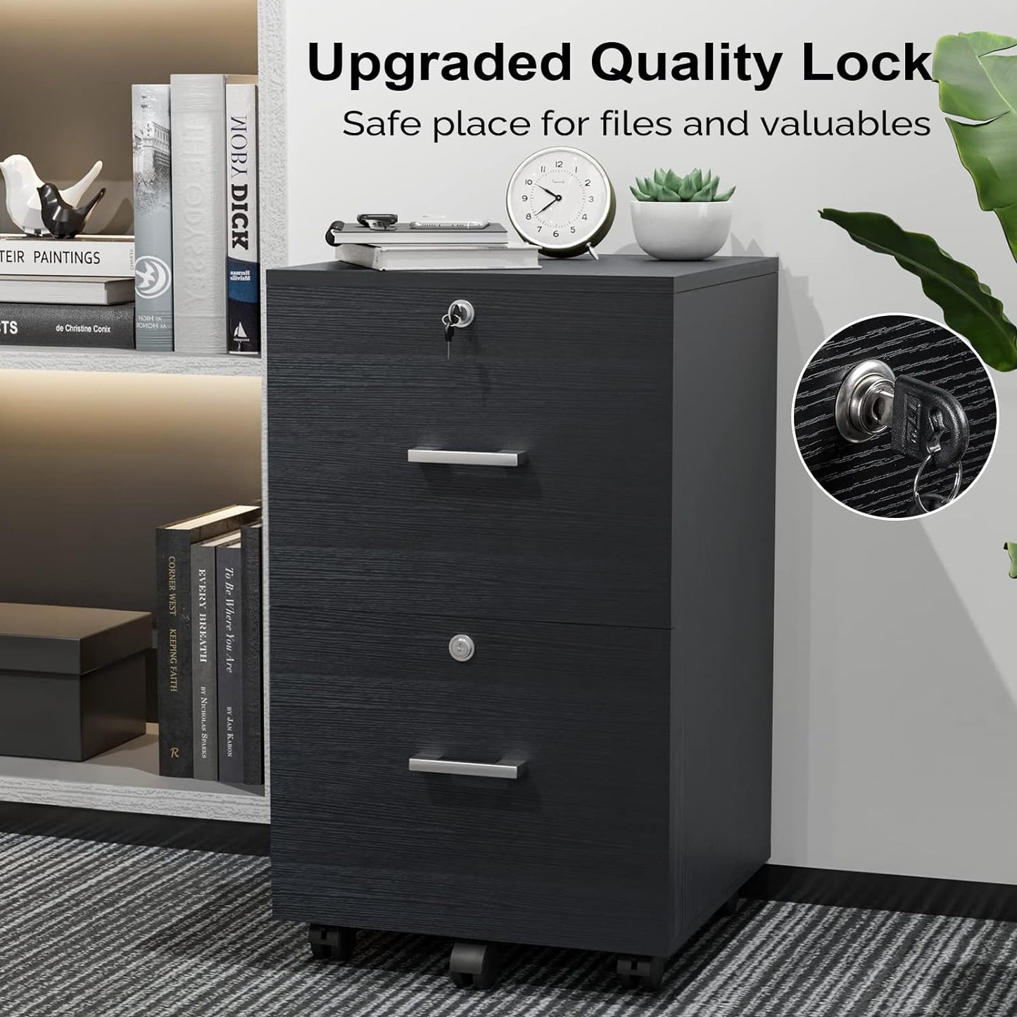 VINGLI 2-Drawer File Cabinet with Lock, Small Rolling Wood Filing Cabinet for Hanging Letter Size Filings with Tabs, Mobile Under Desk File Organizer for Home Office, Classic Black, 27.2" H
