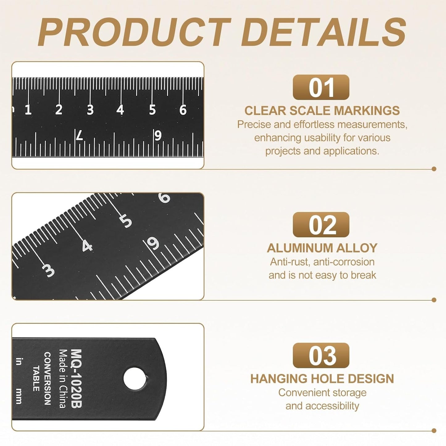 HARFINGTON 6pcs Metal Straight Ruler 20cm Metric SAE Aluminum Alloy Measuring Rulers Scale Tool with Hole for Measure Study Reading Classroom Office, Black