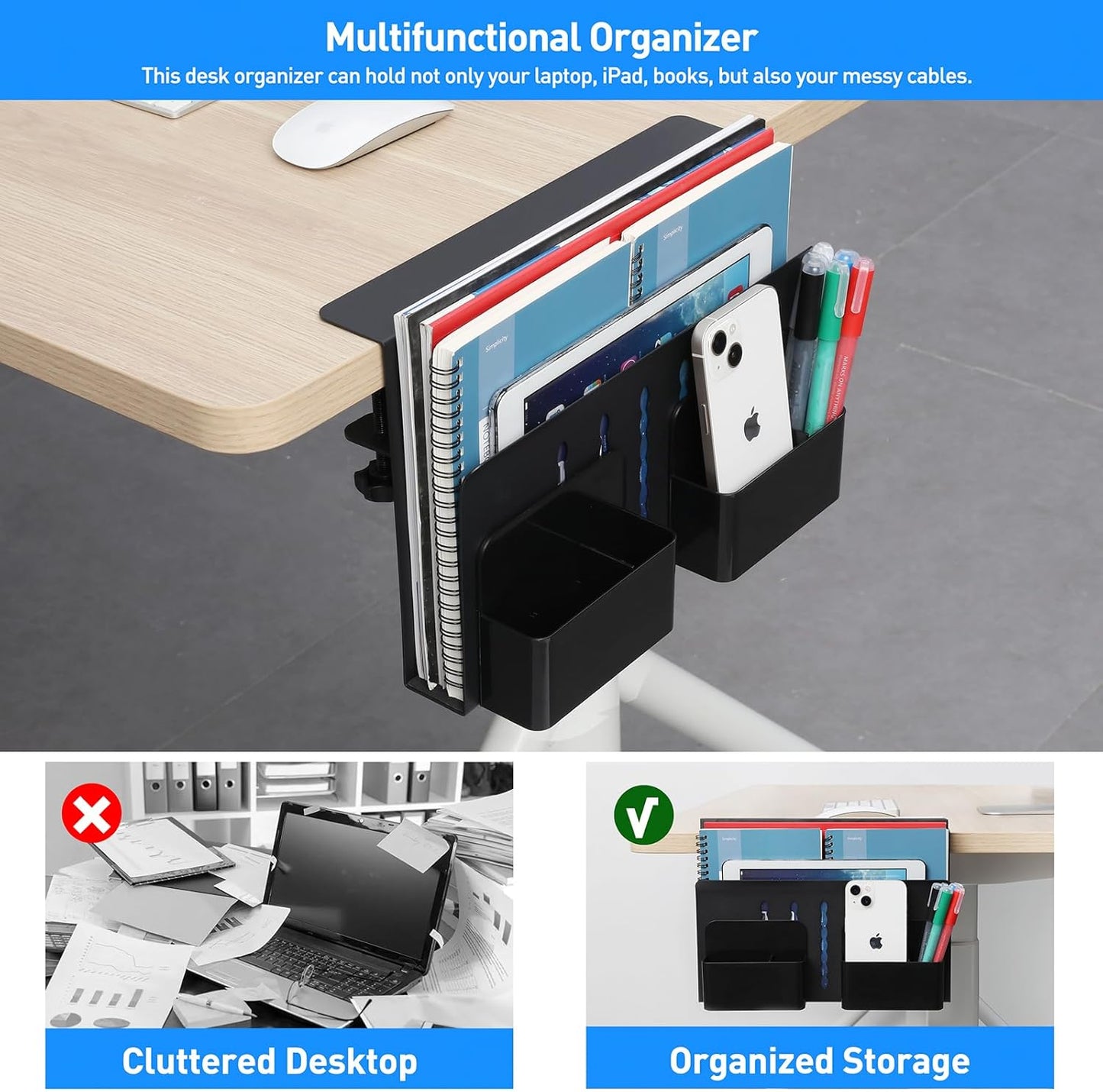 MAXECHO Desk Side Storage, Under Desk Laptop Mount, Table Side Hanging File Organizer, No Drill Clamp On Cable Management Tray, Laptop Holder with Magnetic Pen Holder for Office and Home, Load 22 Lbs