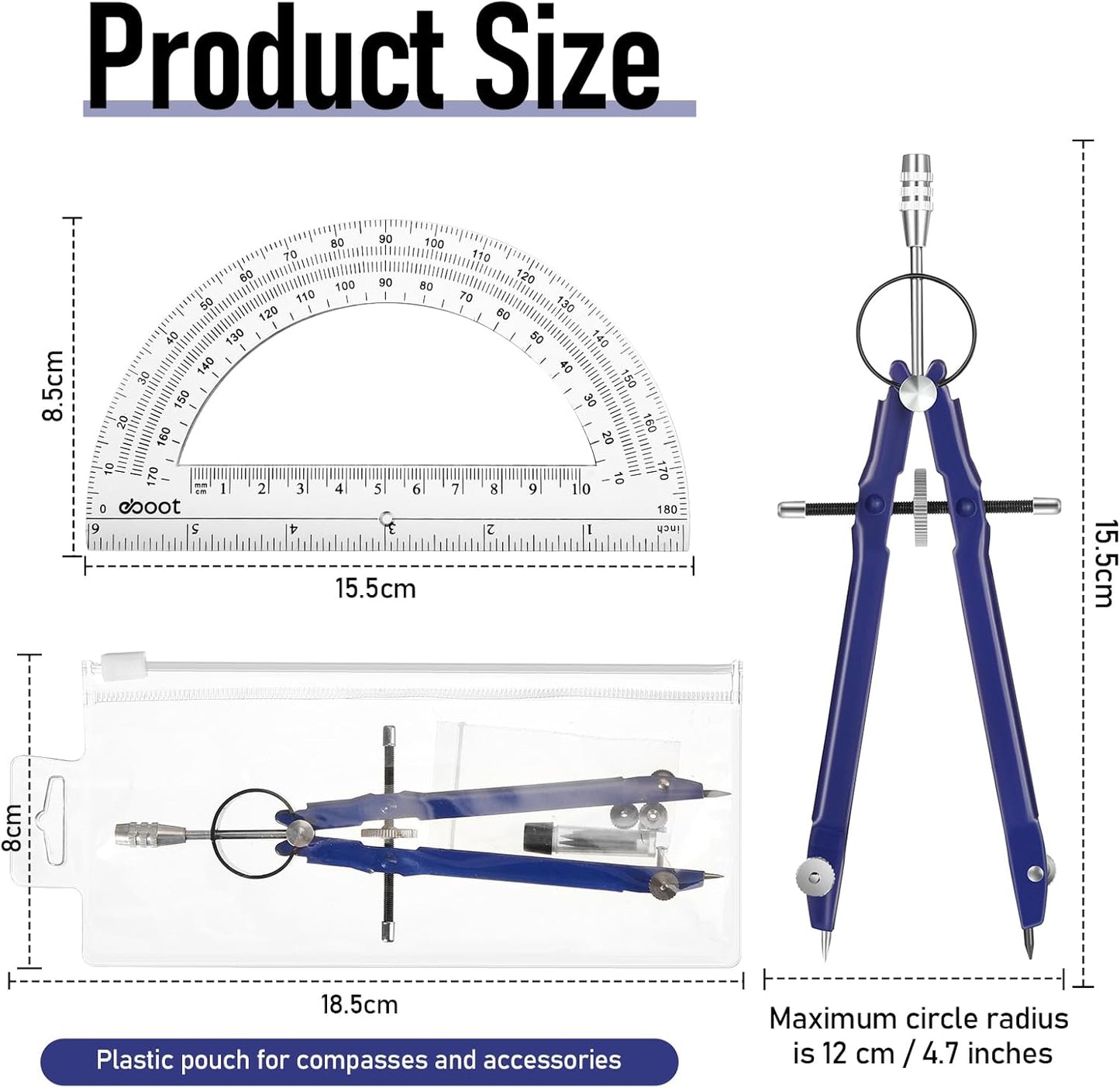 EBOOT Student Geometry Math Set, Drawing Compass and 6 Inch Clear Swing Arm Protractors 180 Degree Math Protractor (Blue)