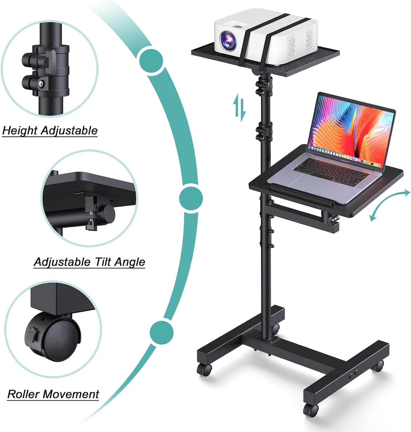 2 Shelves Projector Stand Tripod, Mobile Laptop Cart on Wheels Projector Tripod Stand Adjustable Height 45 to 64 Inches, Overbed Table with Wheels, Rolling Laptop Floor Stand for Couch