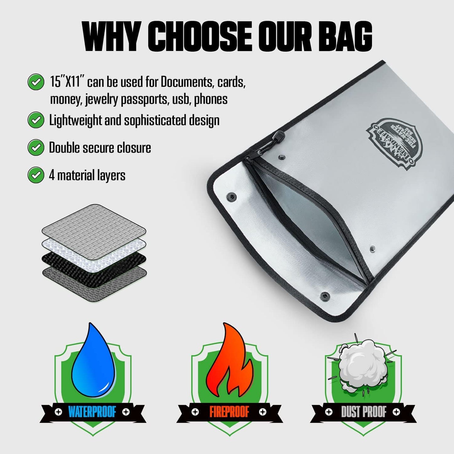 Fireproof Document Bag, Waterproof Money Bag Pocket with Zipper Closure, Storage Pouch for Valuables, A4 A5 Document File, Cash, Credit Card, Passport (Grey, small+big set)