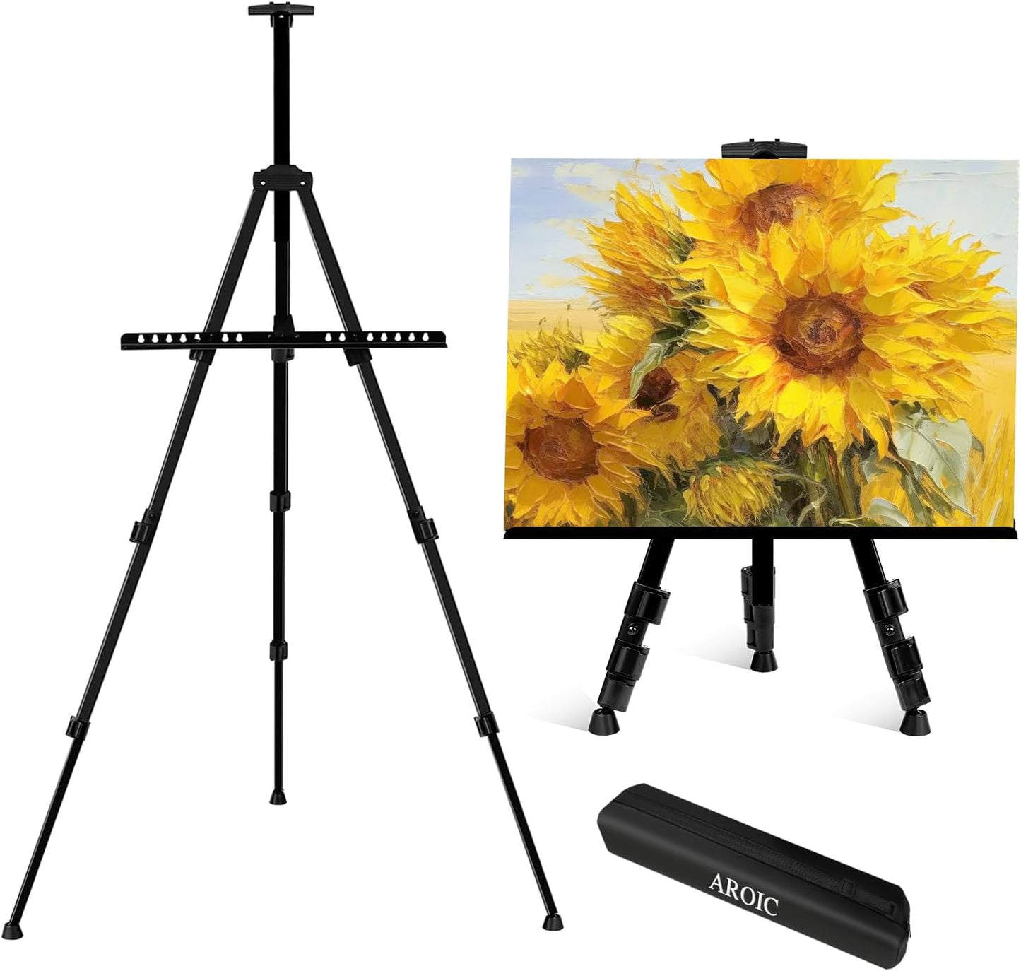 AROIC 1 Pack Art Painting Display Easel Stands,Portable Adjustable Aluminum Metal Tripod Artist Canvases Height from17 to 66 Inch Extra Sturdy forTable-Top/Floor Painting. Black with 1 Storage Bag