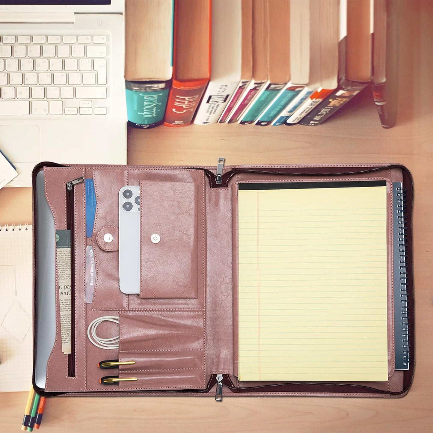 Vegan Leather Portfolio with Front Pocket for Women, 8.5 x 11 Legal Pad Notepad Holder, Zippered Business Organizer, Professional Executive Letter Notebook Folder for Work, Pink