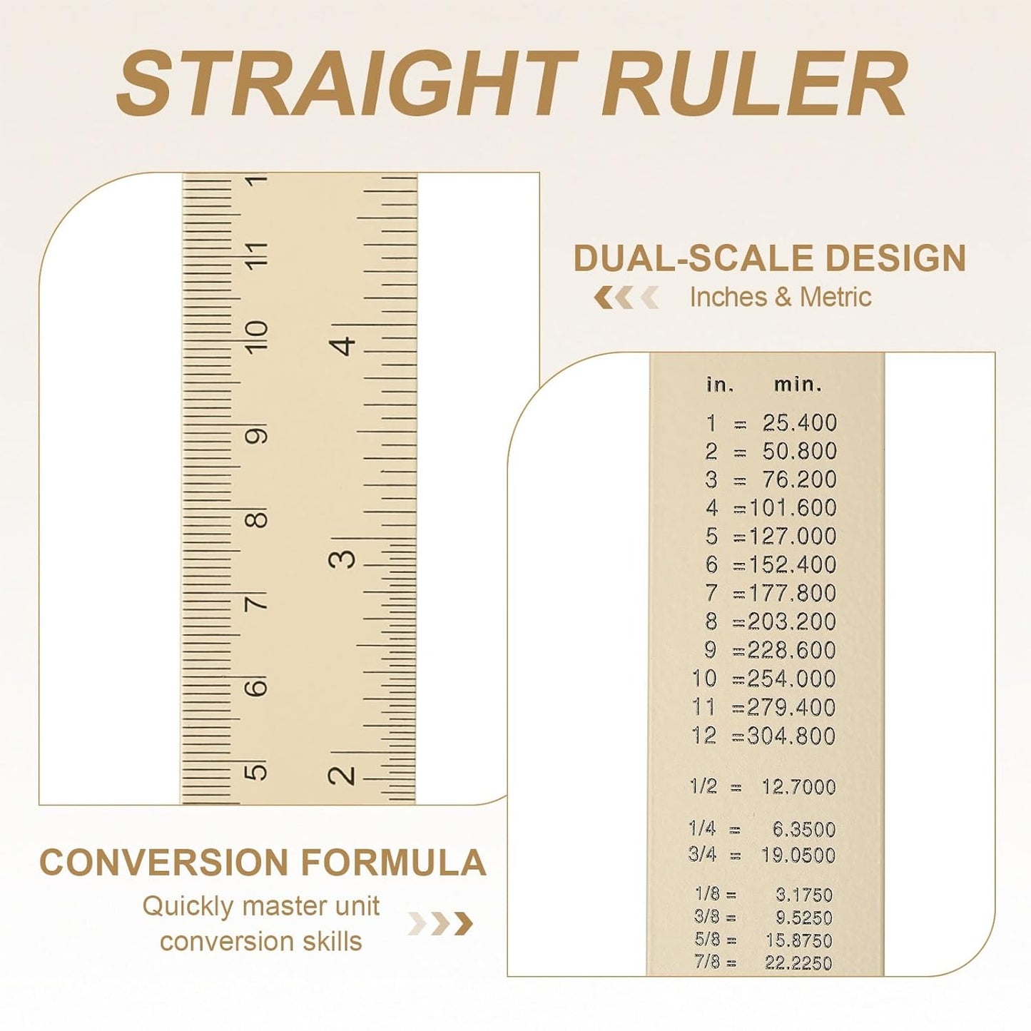 HARFINGTON 6pcs Metal Straight Ruler 20cm Metric SAE Aluminum Alloy Measuring Rulers Scale Tool with Hole for Measure Study Reading Classroom Office, Beige