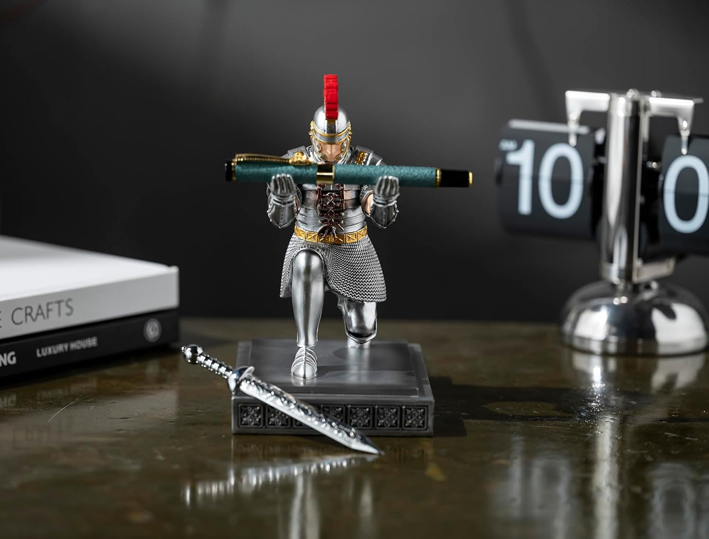 Roman Praetorian Warrior Knight Pen Holder Desk Ornament Resin Pencil Holder Desk Accessories and Organizer for Office with a Letter Opener (Silver)