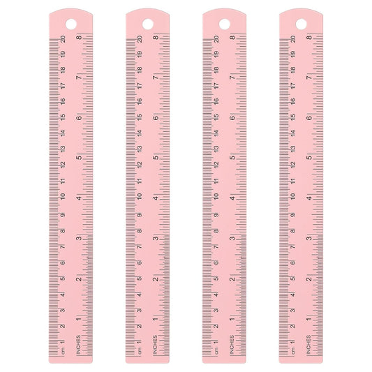 HARFINGTON 4pcs Metal Straight Ruler 20cm Metric SAE Aluminum Alloy Measuring Rulers Scale Tool with Hole for Measure Study Reading Classroom Office, Pink