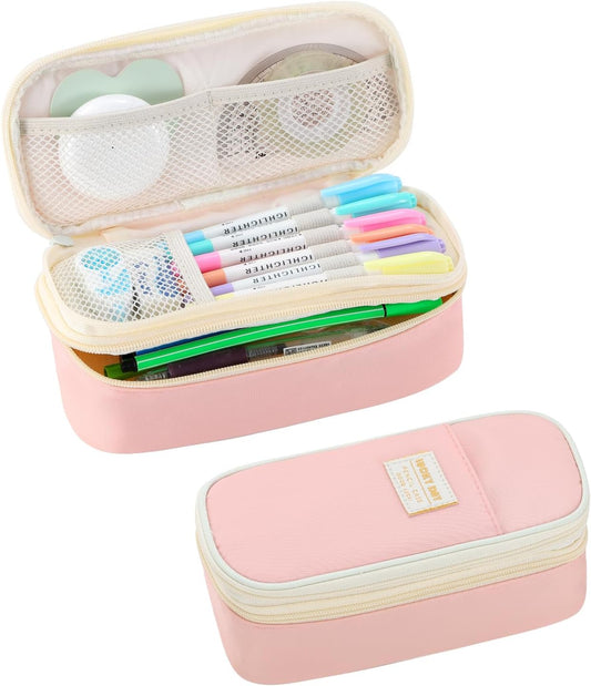 Pencil Case for Girls Kids Teens Adults Big Pencil Bag with Zipper Big Pen Pouch Large Stationery Pen Case Organizer for School Pink