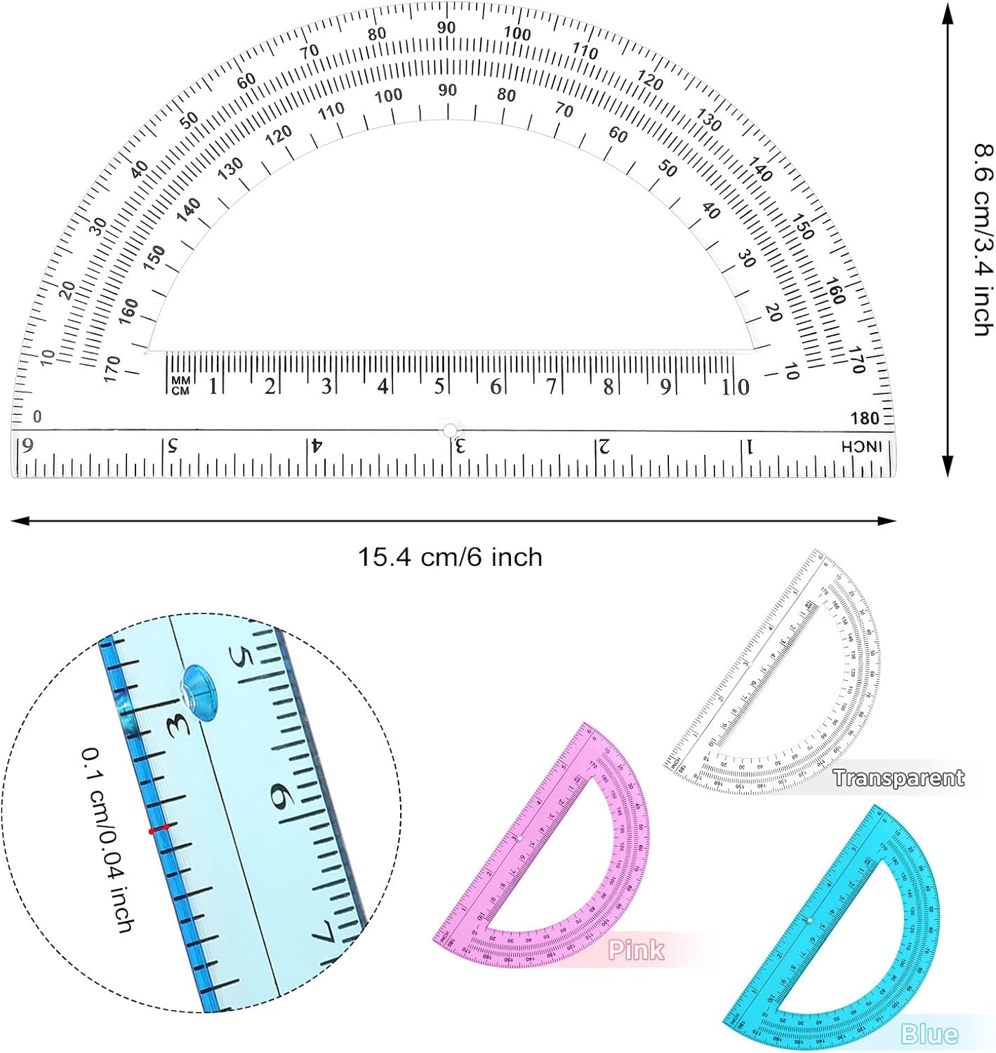 Zonon 100 Pack 6 Inch Plastic Protractor Back to School Protractors 180 Degrees Pink Blue Clear Protractors for Classroom Math Teacher Student Office Supplies, Clear, Pink, Blue