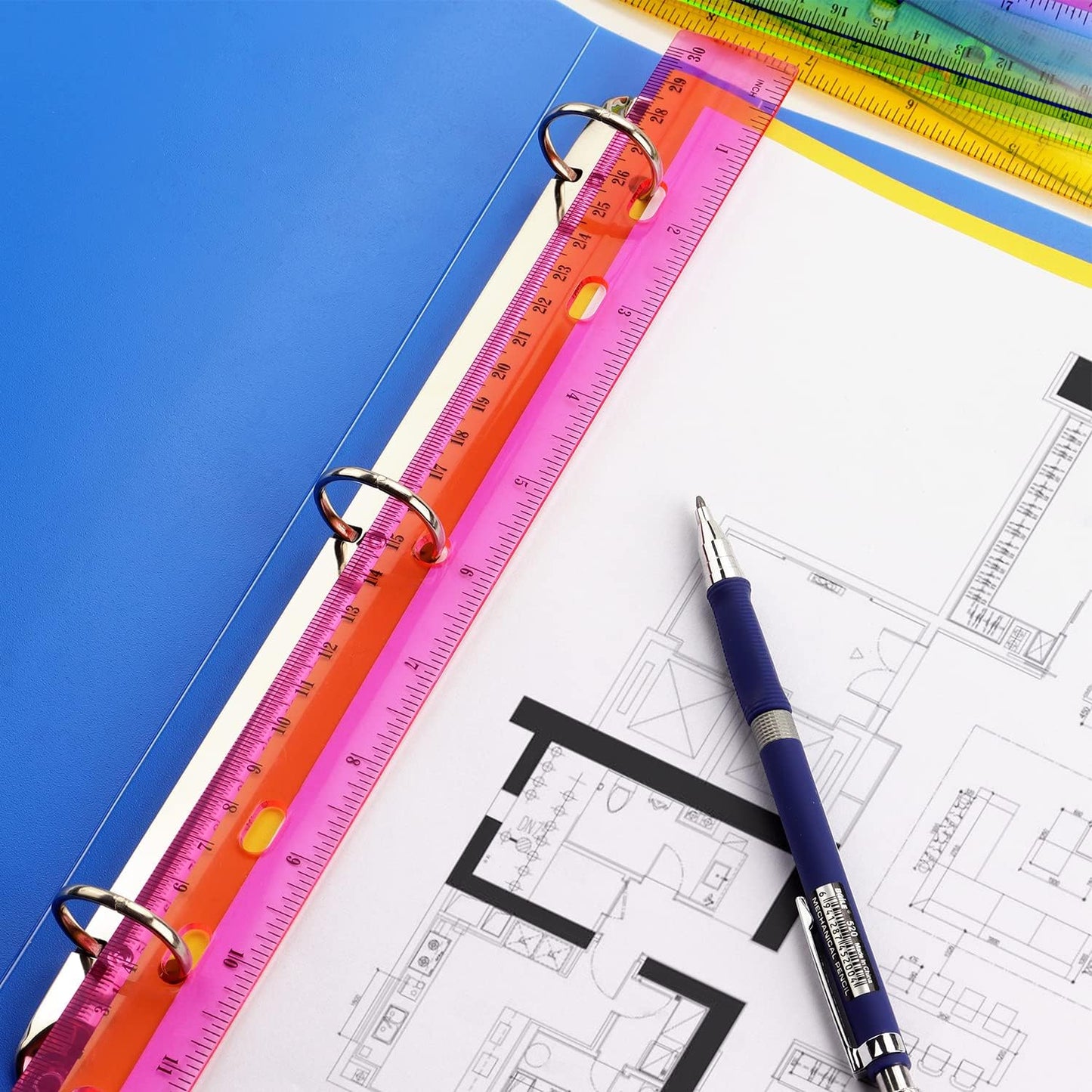 ZZTX 6 Pack Color Transparent Ruler Plastic Rulers 12 Inch, Metric Bulk Rulers with Inches and Centimeters, Kids Ruler for School, Home, Office