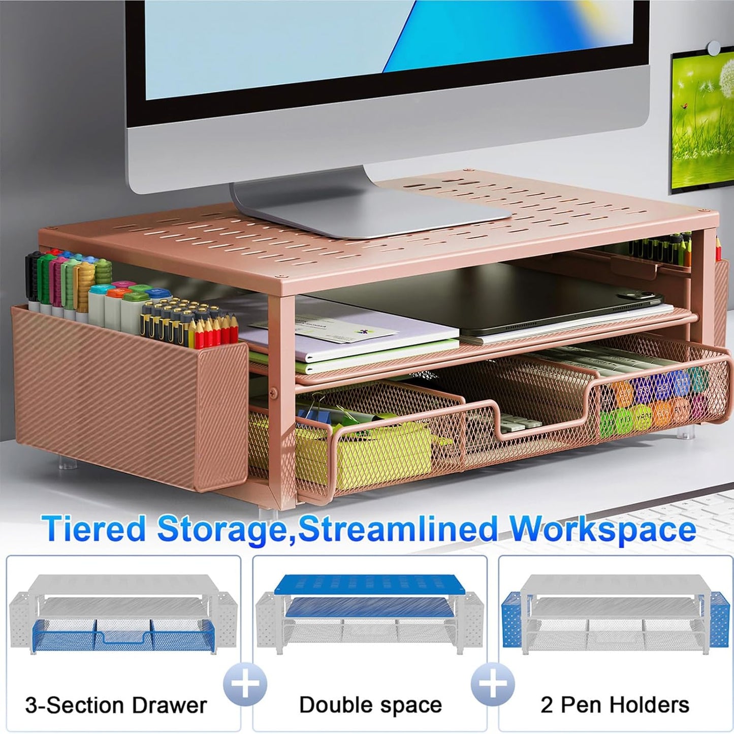gianotter Desk Organizers and Accessories, Monitor Stand with Drawer and 2 Pen Holder, Desktop Organizer Suitable for Offices and Dormitories (Rose Gold)