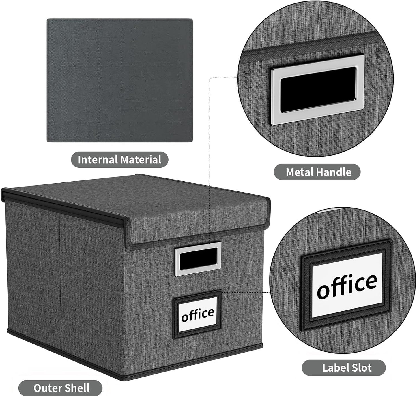 Collapsible File Storage Organizer Boxes with Lids, Linen Office Document Storage Box, Filing Box, Decorative Small File Box for Hanging File, Single File Box with Plastic Slide for Office/Decor/Home