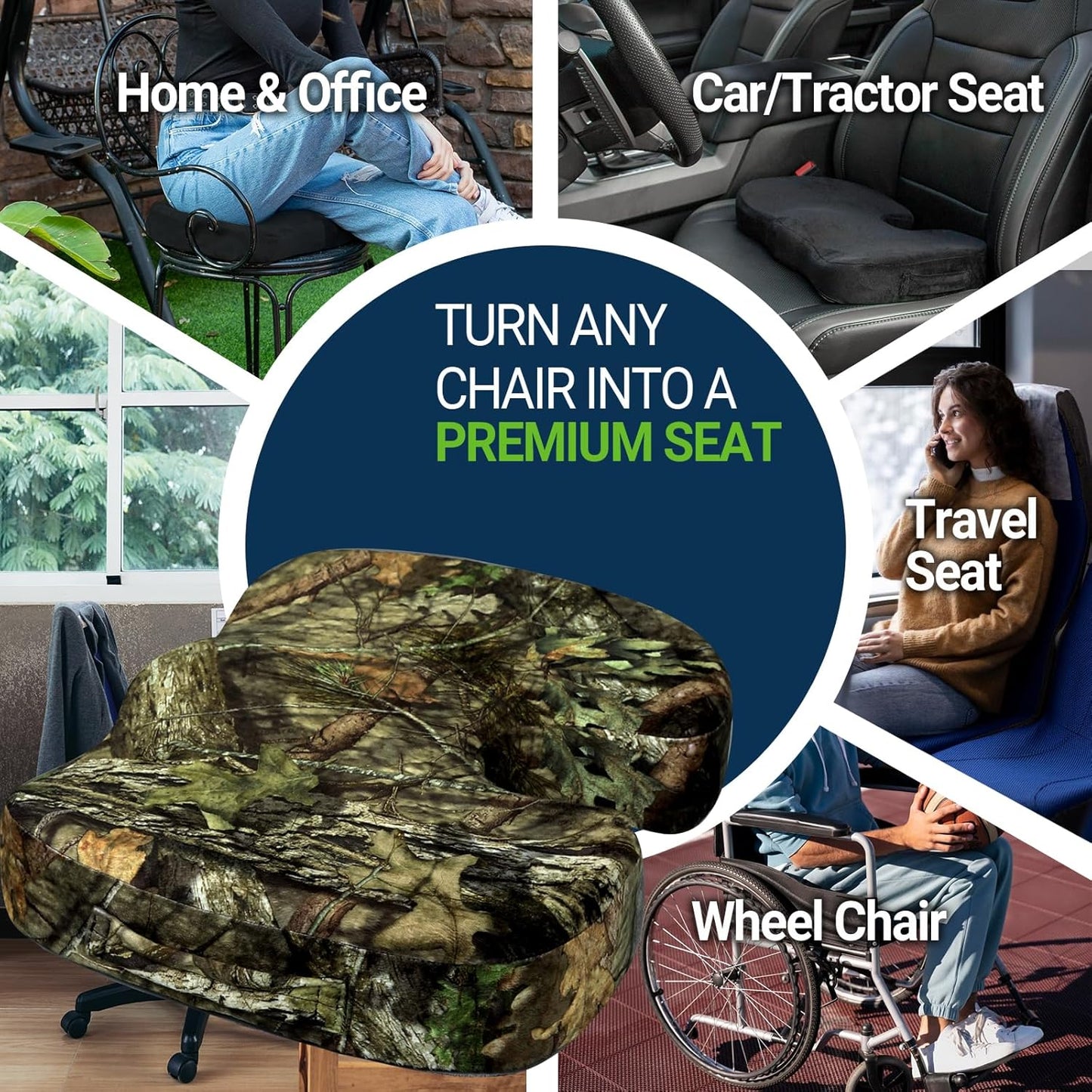 Gel Seat Cushion for Car Office - Memory Foam Pain Relief Chair Pillow Cushions - Tailbone Sciatica Coccyx Butt Lumbar Support Pad for Sitting Driving Traveling, Velvet, Mossy Oak