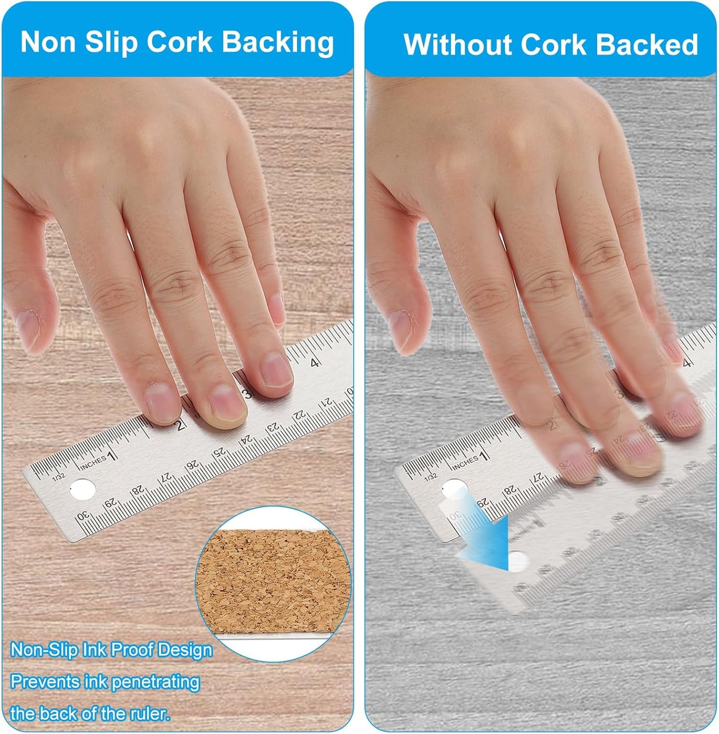 PATIKIL 16, 18 Inch Stainless Steel Straight Edge Ruler, 2 Pcs Cork Backing Non-Slip Metal Ruler with Inches Centimeter Metric Measuring Tools for Office