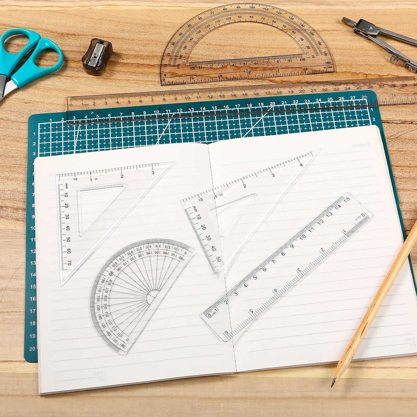 Tenare 288 Pcs Plastic Clear Math Set Includes Protractor Triangle Rulers 12 Inch 6 Inch Straight Geometry Math Transparent Ruler Measuring Tool for School Office Home Supplies