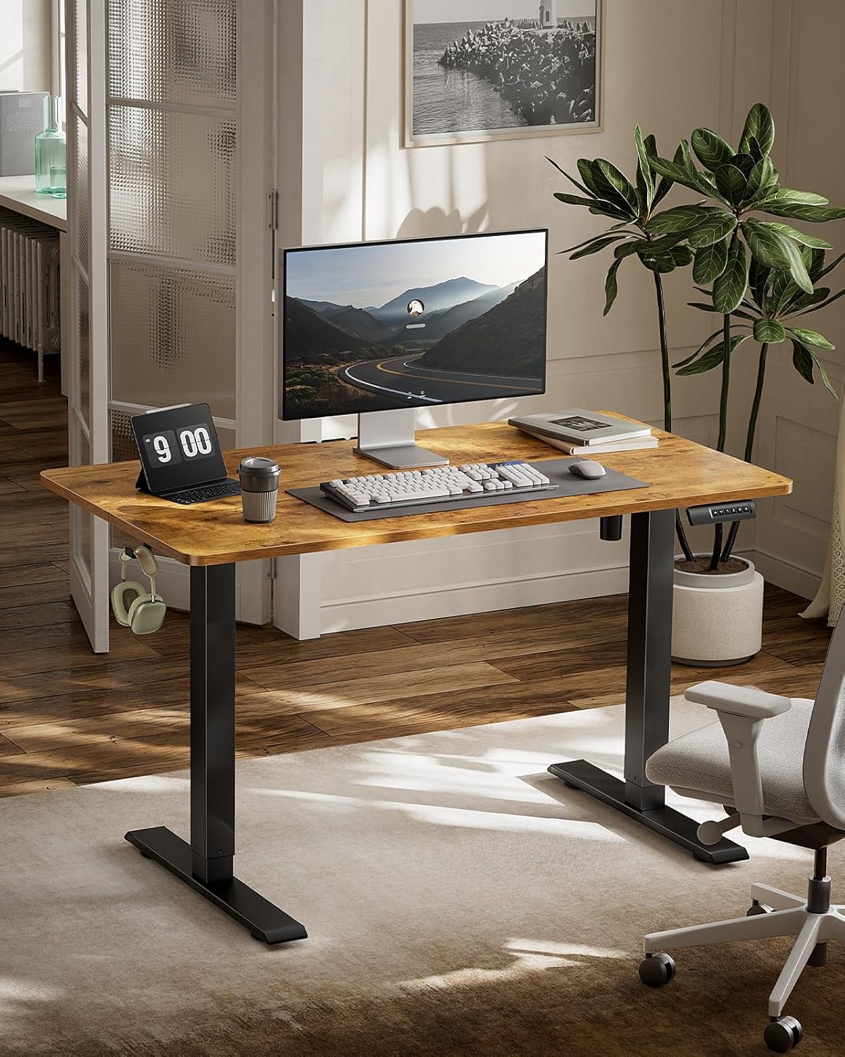 Marsail Standing Desk Adjustable Height Stand up Home Office Desk,‎ 48x24 Inch Electric Standing Computer Desk, with 4 Memory Presets, Headphone Hook,Cable Organizer, Rustic Brown