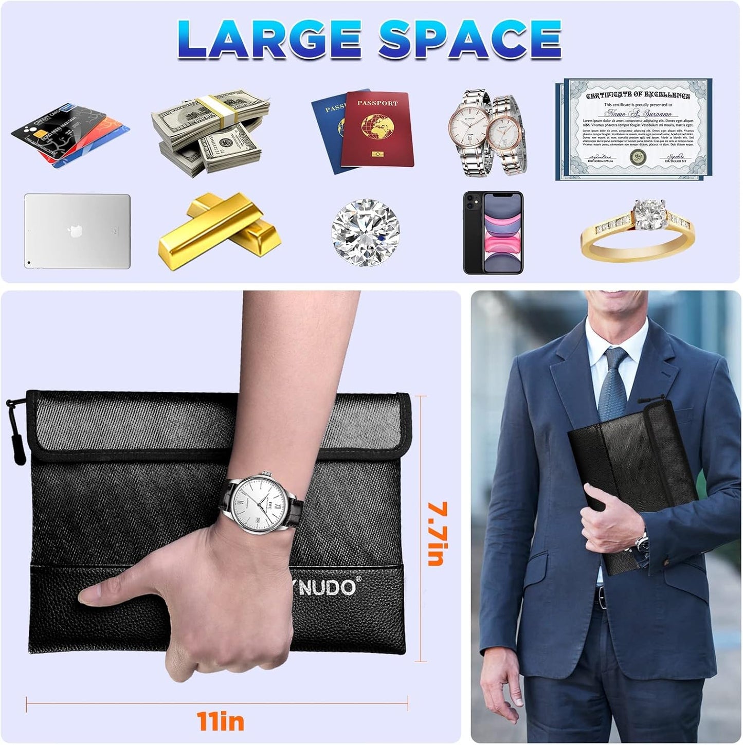 5200℉ Fireproof Document Bag, Fireproof Money Bag for Cash, Fireproof Pouch for Important Documents and Valuables, 11x7.7 Inch, Waterproof Zipper