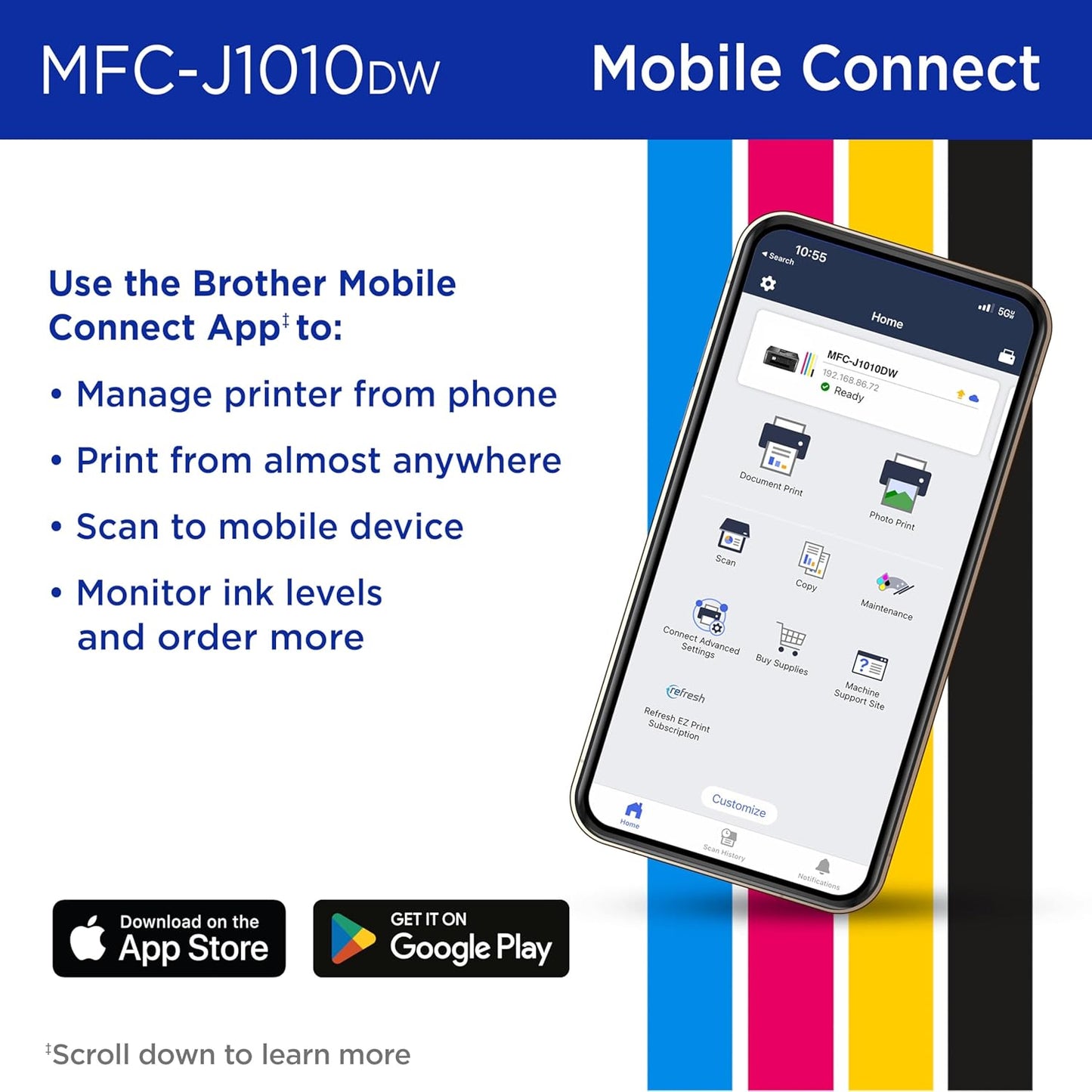 Brother MFC-J1010DW Wireless Color Inkjet All-in-One Printer, Duplex Printing, Mobile & Cloud Print, Compact Design, 1.8" Color Display, Works with Alexa