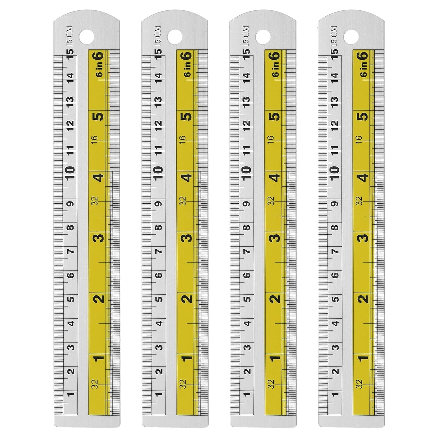 HARFINGTON 4pcs Metal Straight Ruler 15cm Metric SAE Aluminum Alloy Measuring Rulers Scale Tool with Hole for Measure Study Reading Classroom Office, Yellow