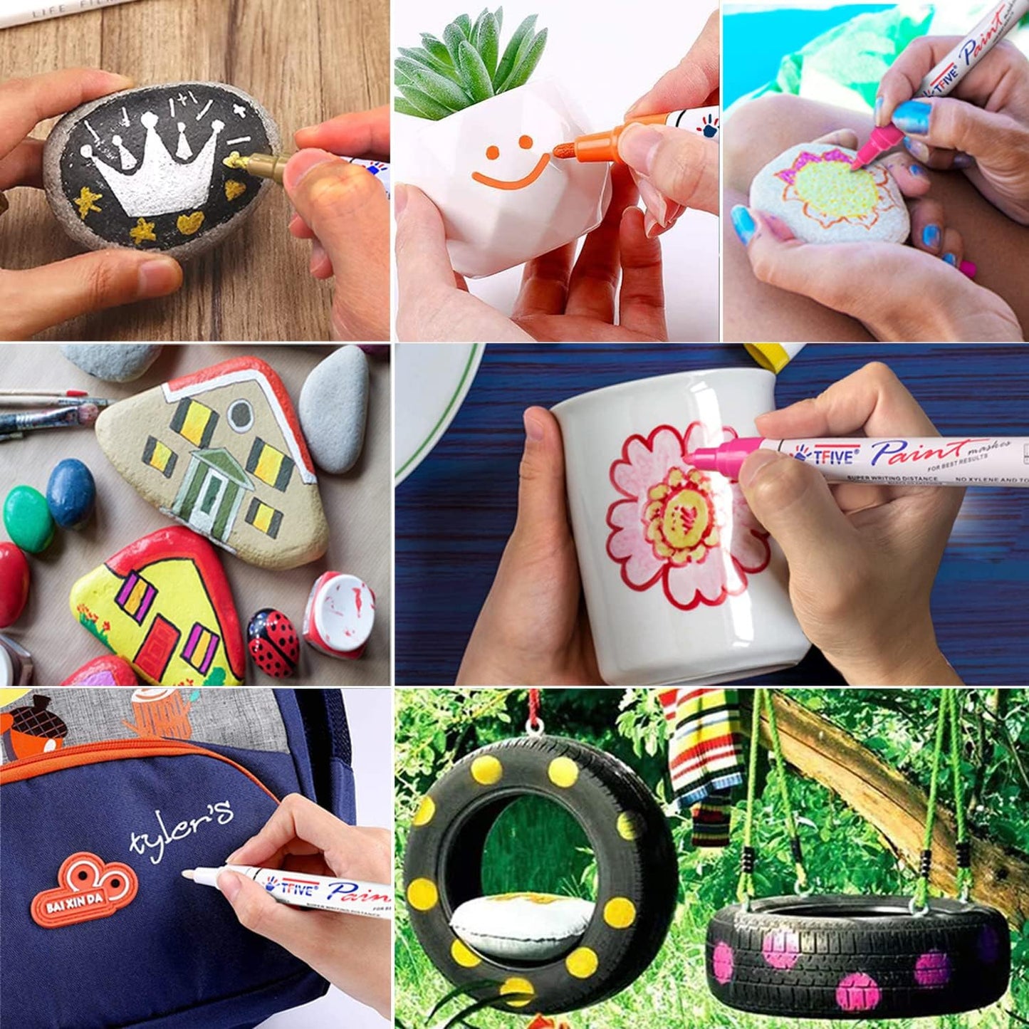 TFIVE Paint Markers Pens Set, 8 Color Oil-Based Permanent Paint Marker, Medium Tip, Quick Dry and Waterproof Pen for Rock Painting, Ceramic, Wood, Fabric, Plastic, Canvas, Glass, Mugs