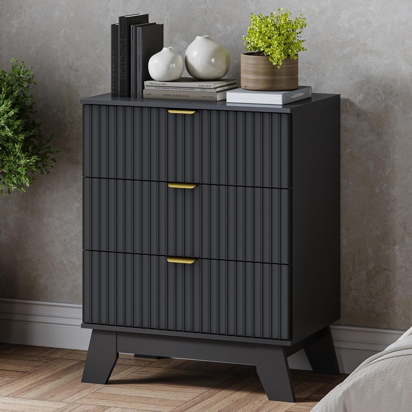 Fluted 3 Drawer Dresser, 30.3" Tall Compact Modern Boho Chest of Drawers, Wooden Storage Cabinet for Bedroom, Living Room, Entryway, Curved Profile Design
