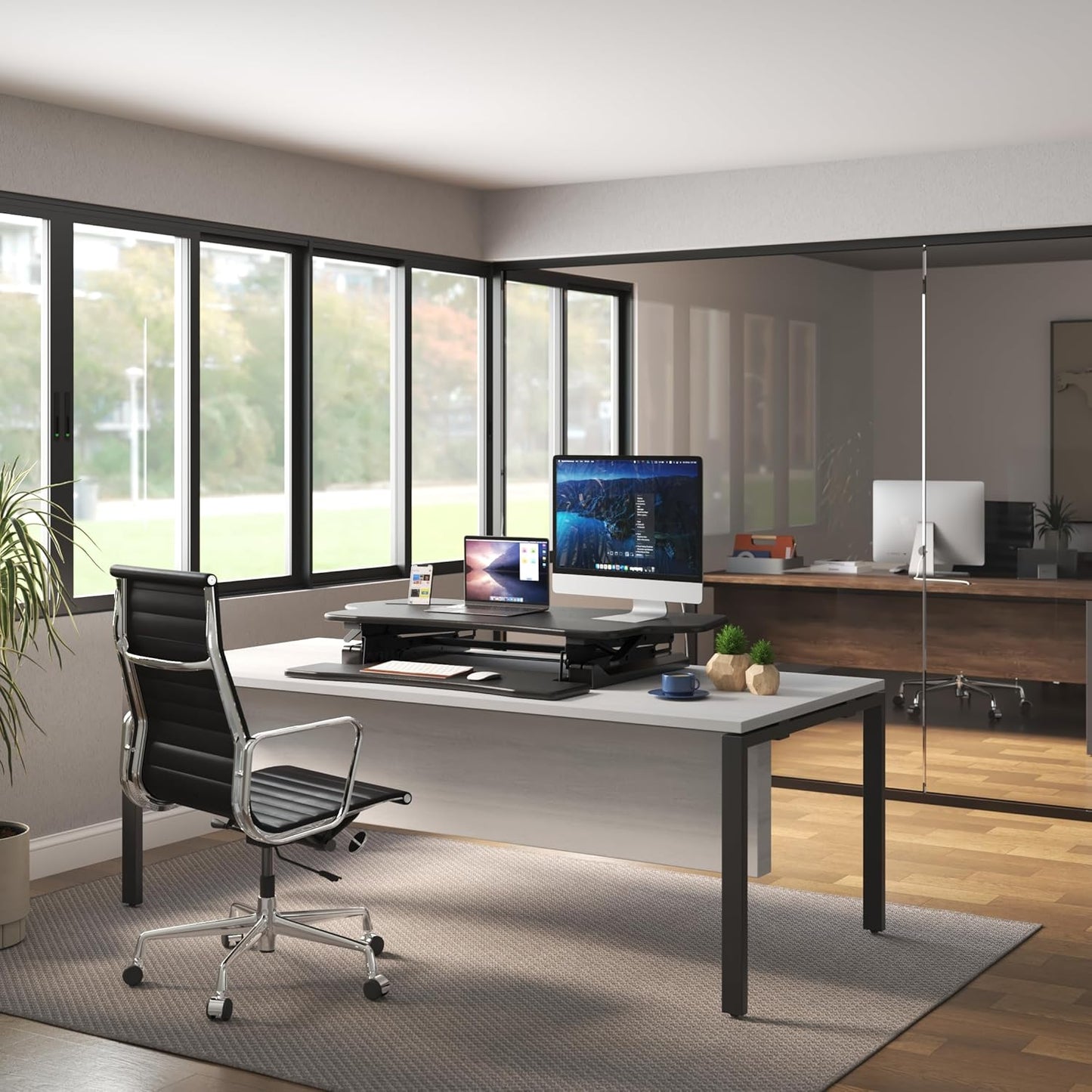 Mount-It! Height Adjustable Standing Desk Converter, Extra Large 48” Wide Tabletop for Dual Monitors, Stand Up Desk Riser to 19.5" Tall, Gas Spring Raising Desk Computer Workstation Convertor in Black