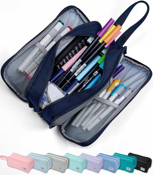 Pencil Case Pouch Box Bag School Supplies Girls Boys Kids, Cute Preppy Stuff Big Capacity Aesthetic Pen Organizer, Back to College Stationary, Navy Blue, Extra Large Style, 2300ml