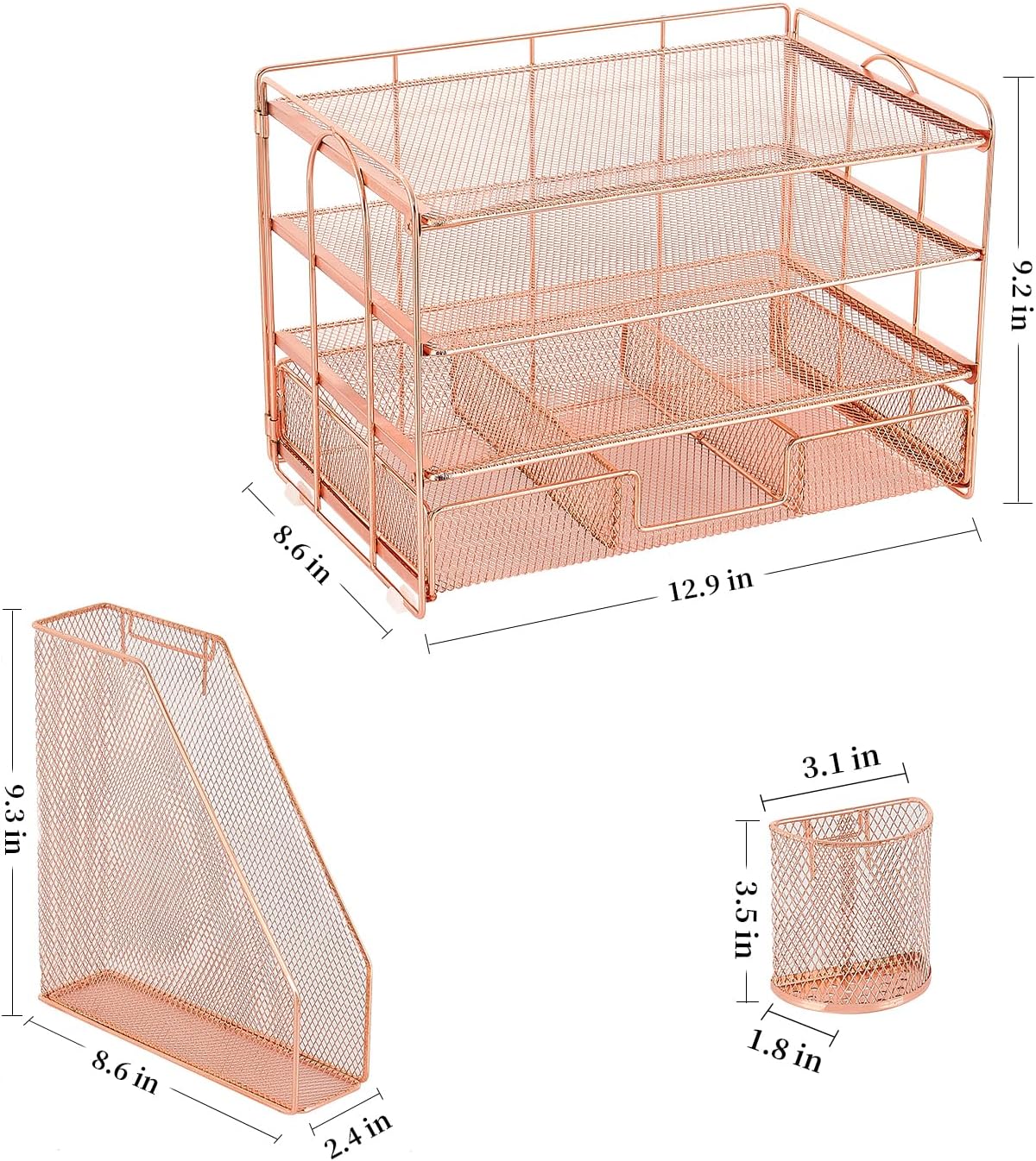 gianotter Desk Organizers and Accessories with File Holder, 4-Tier Desk Accessories & Workspace Organizers with Drawer and 2 Pen Holder, Paper Organizer for Office Supplies (Rose Gold)