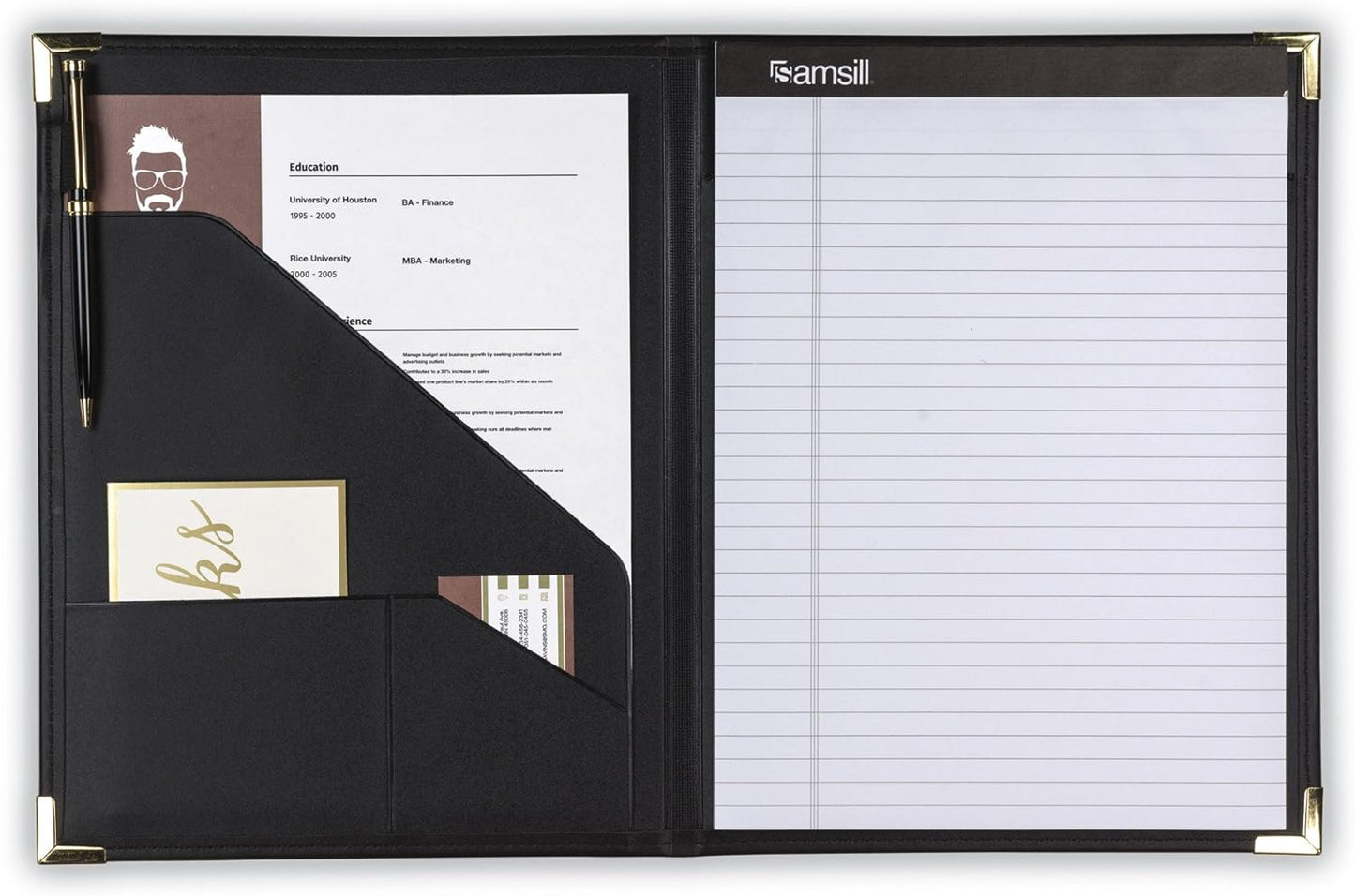 Samsill Classic Collection Business Portfolio - Executive Padfolio for Resume & Document Organizer - 8.5 by 11-Inch Legal Pad, Faux Leather with Brass Corners (Black)