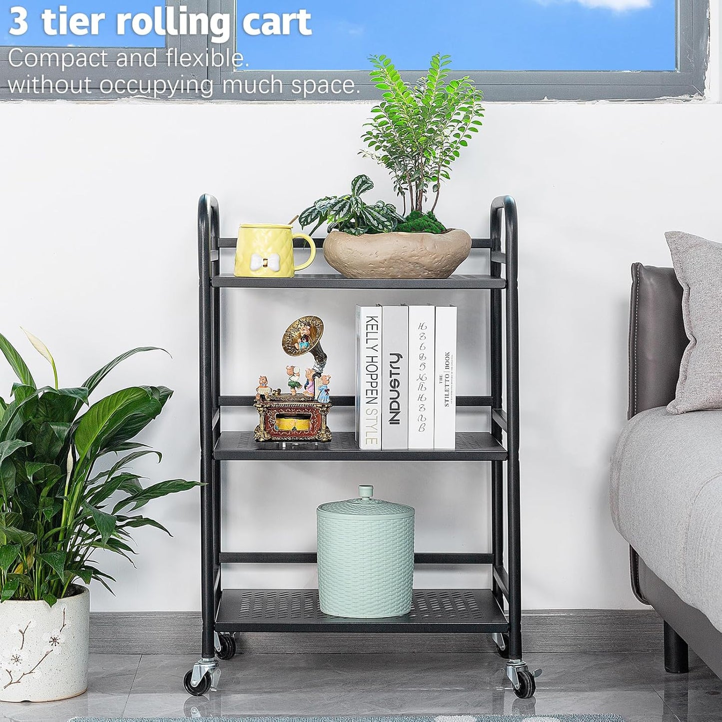 HDANI 3 Tier Rolling Cart,Heavy Duty Multifunctional Metal Frame-Supports 22 Lbs Per Tier,Rolling Cart with 2 Lockable Wheels for Office,Home,Bedroom,Kitchen,Bathroom (Black)…