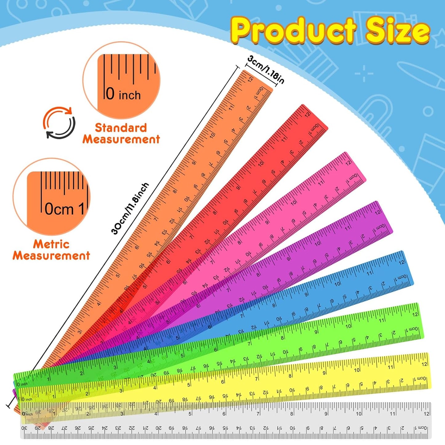 312 Pack Plastic Ruler Bulk, 12 Inch Plastic Ruler in Assorted Colors, Clear Rulers with Inches and Centimeters, Transparent Rulers Bulk for Kids Back to School, Classroom, Office, Home Supplies