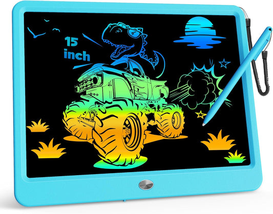 KOKODI 15 Inch LCD Writing Tablet with Anti-Lost Stylus, Erasable Doodle Board Colorful Toddler Drawing Pad, Car Travel School Games Toys for 3 4 5 6 7 8 Kids, Birthday Gift for Girls Boys Blue