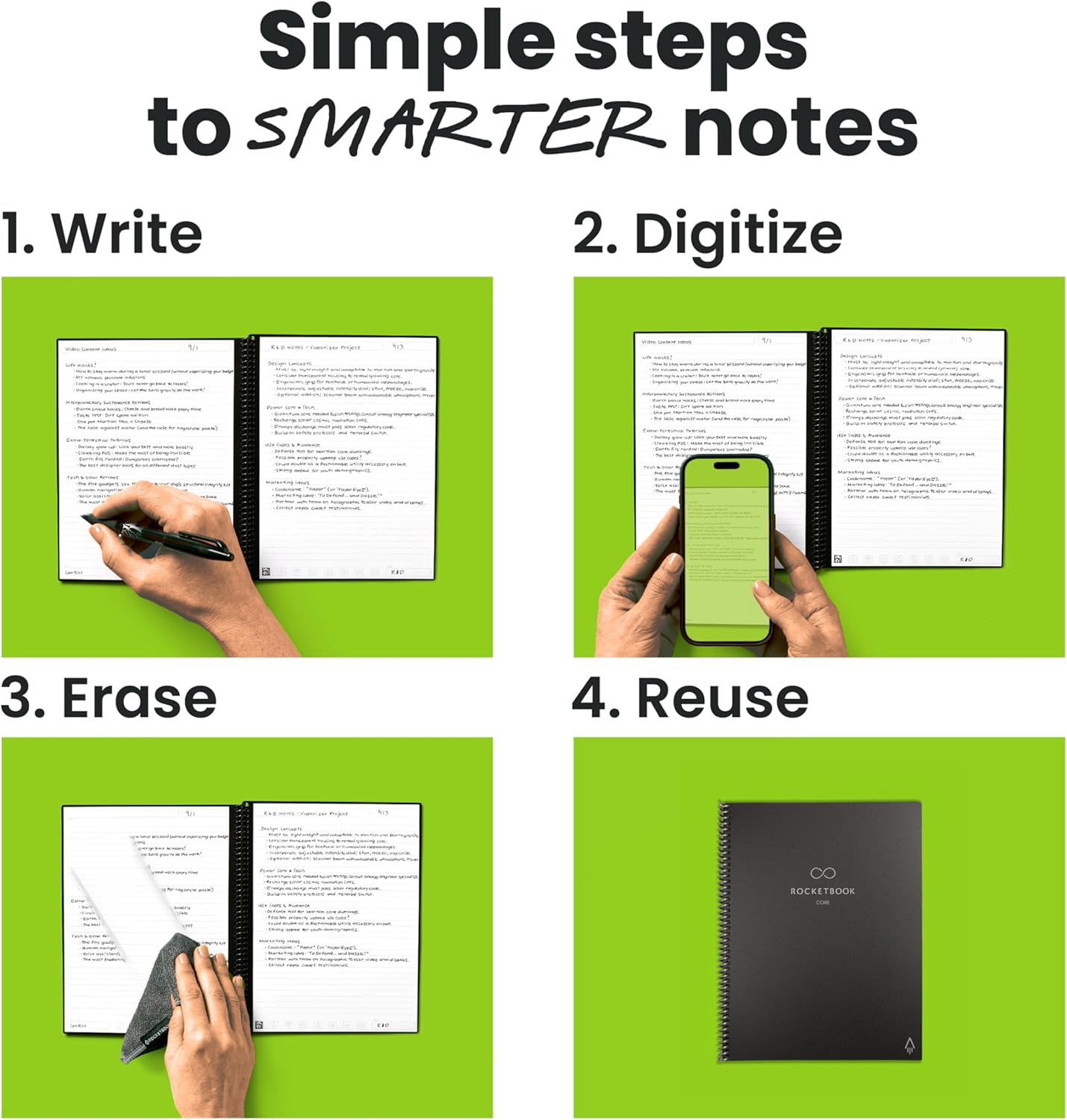Rocketbook New Core Reusable Spiral Notebook, Executive Size 6x8.8, Black - Lined Pages, App-Connected, Erasable, Durable Cover, Ideal for School, Work, and Creative Projects