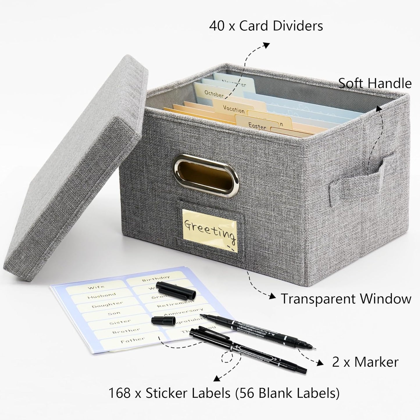Greeting Card Organizer and Storage Box with 20 Pcs Adjustable Dividers, Storing Cards with 84 Pcs Labels Perfect for Storing Greeting Cards, Envelopes, Photos 2 Pack Grey