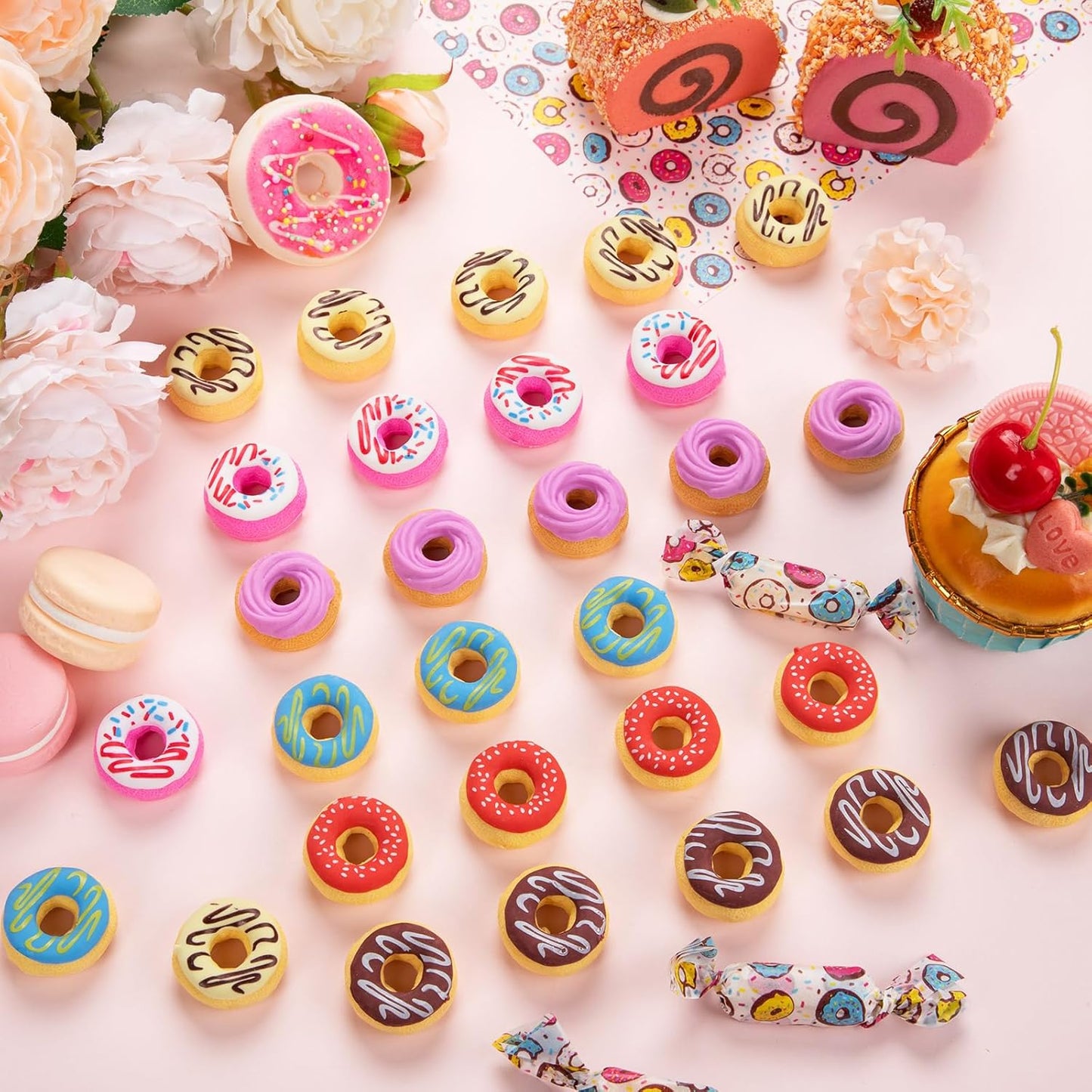 Donut Erasers, 25 Pieces Bulk, 3D Cute Food Novelty Pencil Erasers for Candy Party Favor Gift Filling and Art Supplies