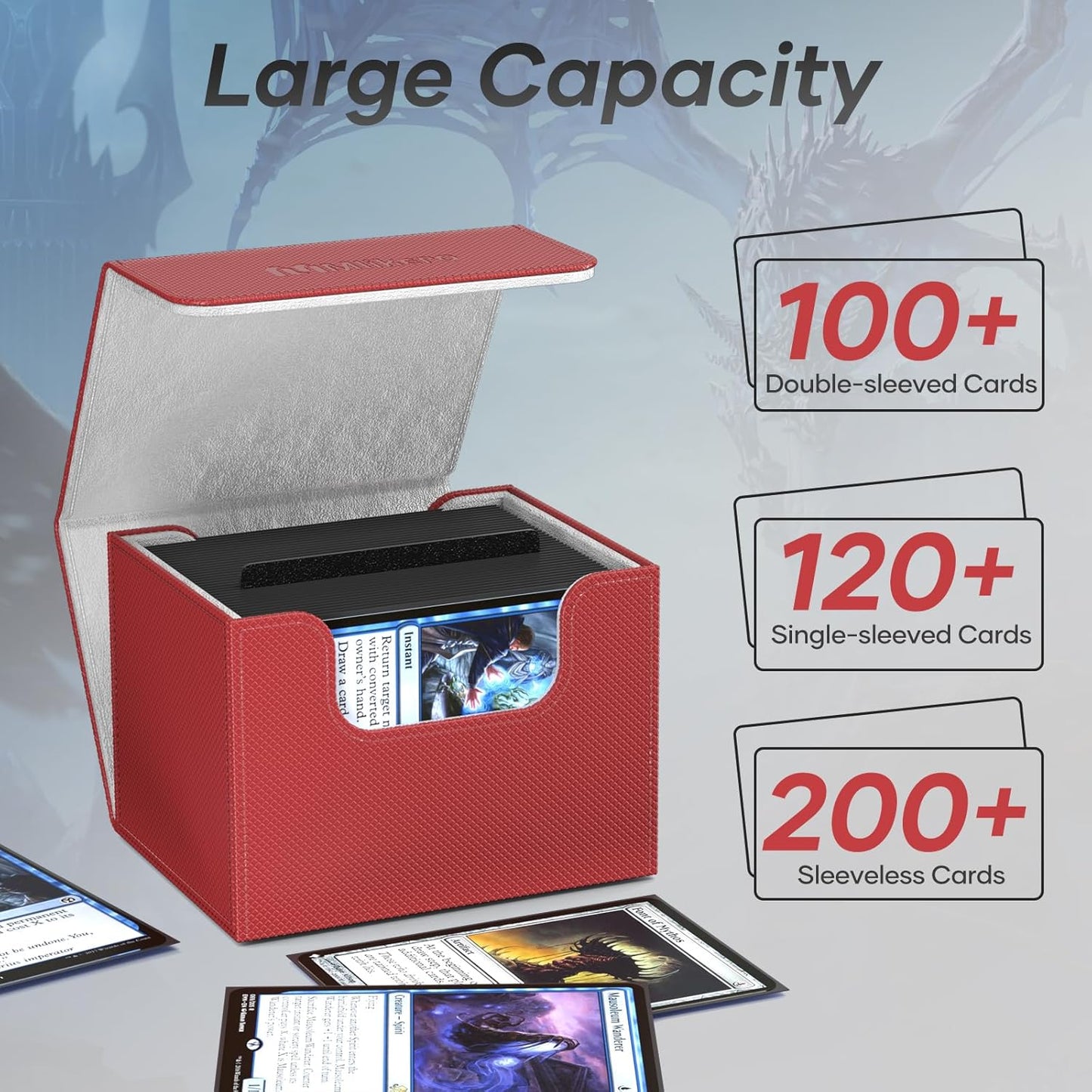 Mlikero Card Deck Box, Commander Deck Box Holds 100+ Double-Sleeved Cards with Divider, Leather Magnetic Closure Card Box Fit for MTG, TCG (Red)