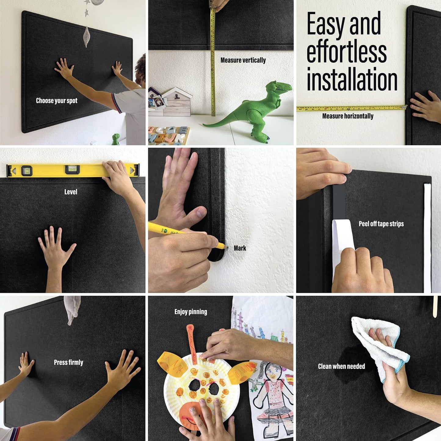 Large Bulletin Board 48 x 36 Inches - Foldable Felt Bulletin Board for Wall, Cork Board Alternative with 100 Color Pins & 6 Note Pads, Vision Board - Black