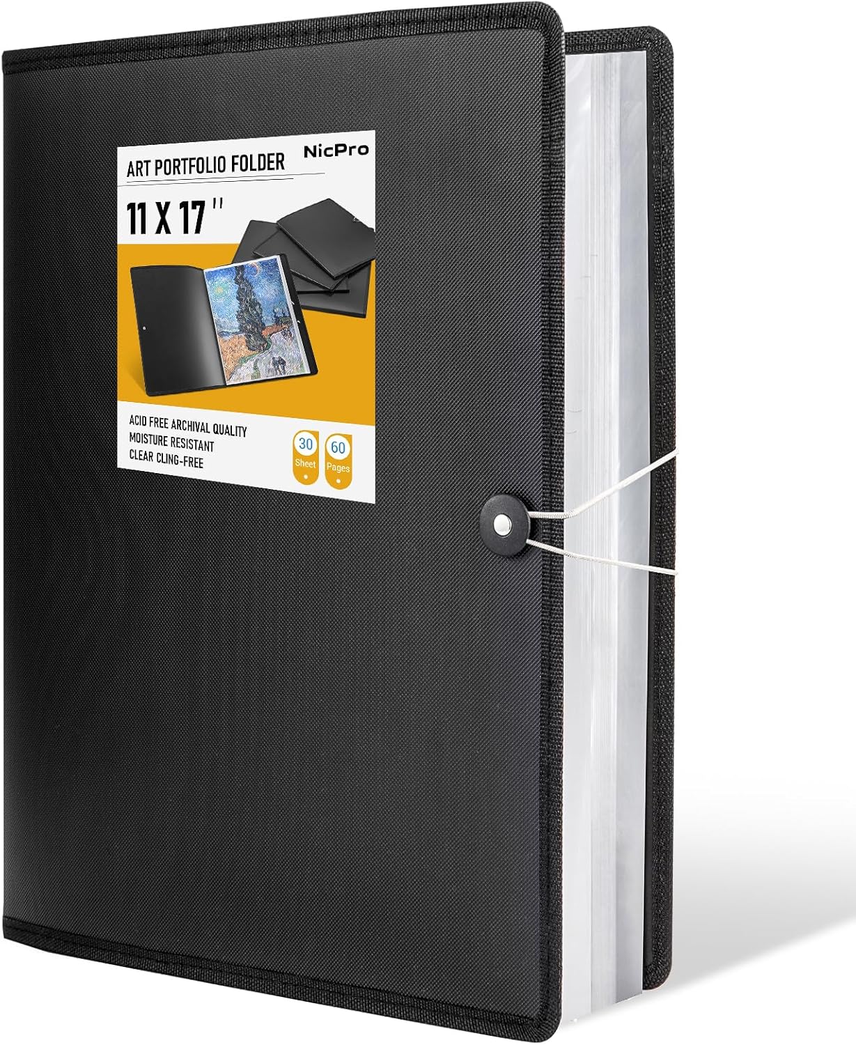 Nicpro Art Portfolio 11x17, Upgraded Large Portfolio Folder for Artwork with 30 Pockets Display 60 Pages, Presentation Book Binder with Protector Sleeves for Artists Drawing