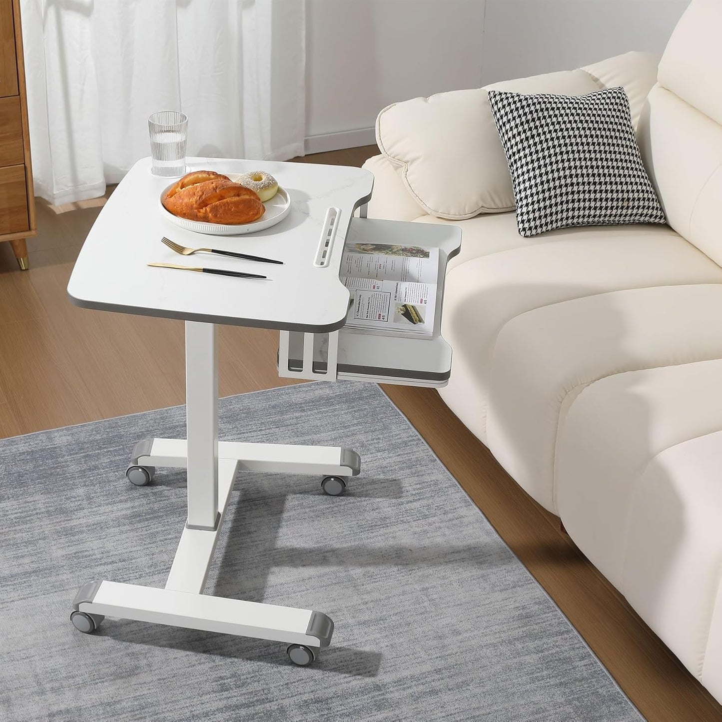 ETHU Mobile Standing Desk with Keyboard Tray,Computer Workstation, Height Adjustable Laptop cart on Wheels Rolling Desk for Home Office(White)