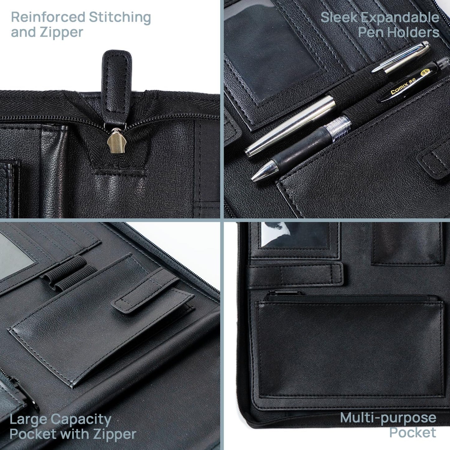 POPRUN Portfolio Binder with Zipper, Leather Padfolio Document Organizer with Storage, Professional Business Briefcase ideal for Meeting Presentation Work-Includes 50 Sheet Writing Pad, Black