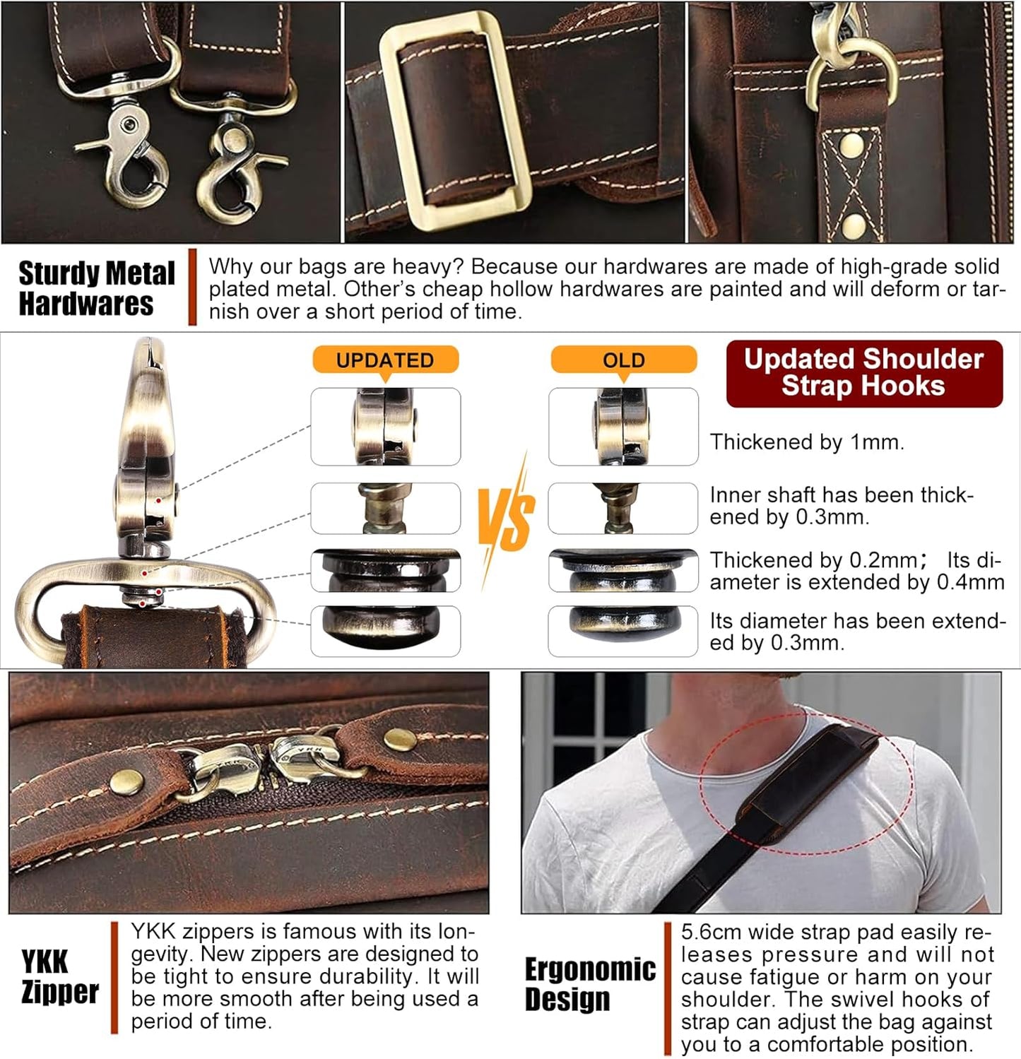 Masa Kawa Leather Briefcase for Men 15.6", 17" Laptop Computer Case Business Travel Work Messenger Cross Body Shoulder Bag