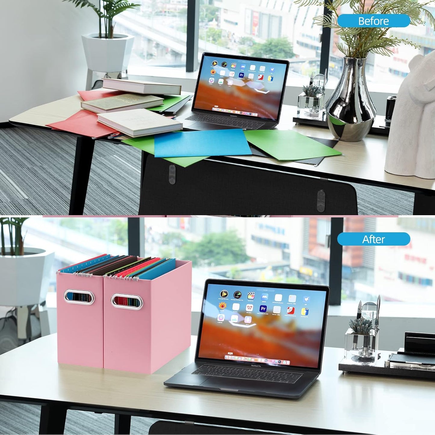 Oterri File Organizer - Small Cardboard Storage Box, Collapsible and Portable With Handle for Letter Size Files, Hanging Folder Box (Pink, Letter Size - 4 Packs)